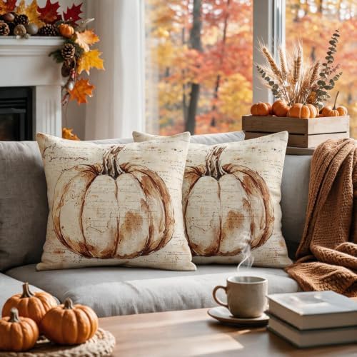 Vintage Fall Pumpkin Pillow Covers 22x22 Set of 2, Autumn Harvest Themed Thanksgiving Decorative Throw Pillow Cases Outdoor Rustic Seasonal Farmhouse Decor for Sofa Couch Bed - Image 2