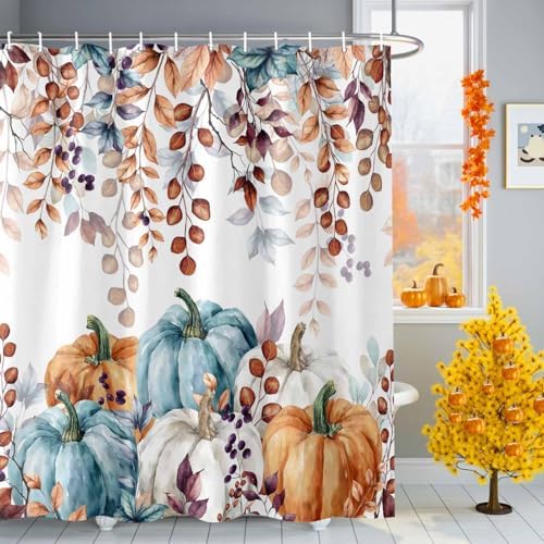 LooPoP Fall Shower Curtain Autumn Maple Leaves Bathroom Curtains with Hooks, Waterproof Polyester Fabric Thanksgiving Harvest Pumpkin Shower Curtains Set for Bathroom Bathtubs Decor 72x96 Inch - Image 2