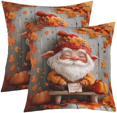 Pack of 2 Fall Gnome Pillow Covers 18"x18",Autumn Orange Maple Leaves Pumpkin Double Sides Print Cushion Covers,Rustic Farmhouse Wooden Plank Retro Square Couch Pillow Covers by Manfei