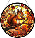 Squirrel Stained Glass Window Hanging 12” Round Handicraft Blue Flower Glass Window Panel Farmhouse Style Window Suncatcher Perfect Window Hangings Housewarming Gift (with Chain Hook) by 365CUSGIFTS