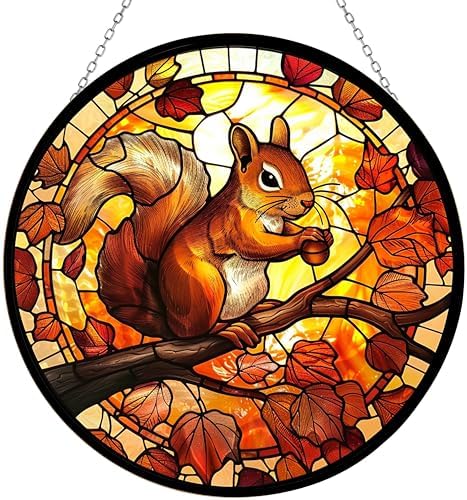 Squirrel Stained Glass Suncatcher Window Hanging, Gothic Christmas Ornaments for Fiction Lovers, Dinosaur Room Decor for Nursery New Home Gifts by 365CUSGIFTS