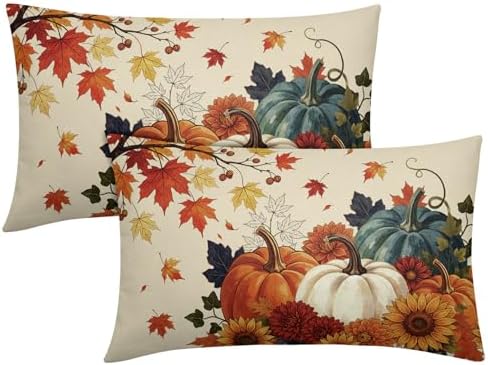 Fall Pumpkin Pillow Covers 12x20 Inch Set of 2, Autumn Blue Orange Throw Pillow Covers Harvest Thanksgiving Lumbar Pillowcase, Maple Leaf Decorative Seasonal Cushion Case Couch for Outdoor Home Decor by Unknown