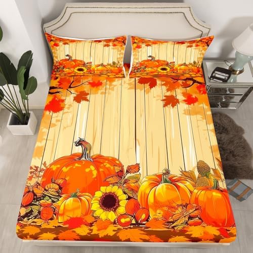 Feelyou Fall Pumpkin Bed Sheets Set King Size Thanksgiving Harvest Season Fruit Decor Sheet Set for Kids Boys Girls Decor Maple Leaf Sheets with Deep Pocket Fitted Sheet Deep Orange - Image 2