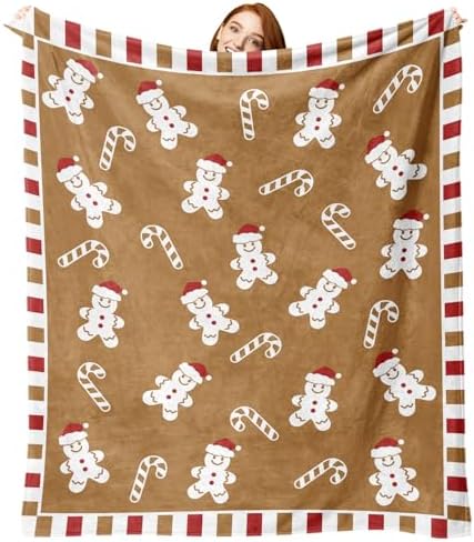 Christmas Gingerbread Man Flannel Throw Blanket, Cute Xmas Candy Cane by ZZKOL