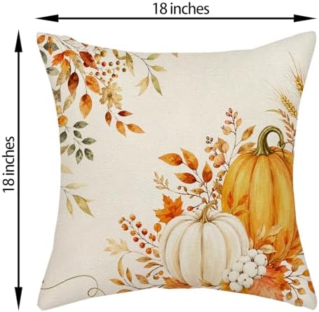 Fall Pillow Covers 18x18 Set of 2 Orange White Pumpkin Throw Pillow Covers Autumn Maple Leaf Eucalyptus Decorative Ourdoor Pillow Cases Thanksgiving Harvest Linen Cushion Cover for Couch Home Decor - Image 2