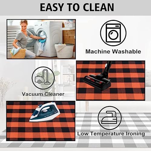 Orange and Black Plaid Rug, 28'' x 43'' Fall Outdoor Front Door Decor Mat, Cotton Washable Hand-Woven Rug for Layered Doormat, Autumn Halloween Thanksgiving Carpet for Porch, Entryway - Image 6