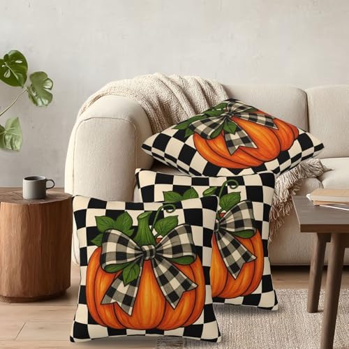 KiuLoam Fall Pillow Covers 18x18 Inch Set of 2 Thanksgiving Harvest Orange Pumpkin Black Buffalo Plaid Print Decorative Throw Pillow Cases Vintage Rustic Farmhouse Style Cushion Covers for Sofa Couch - Image 4