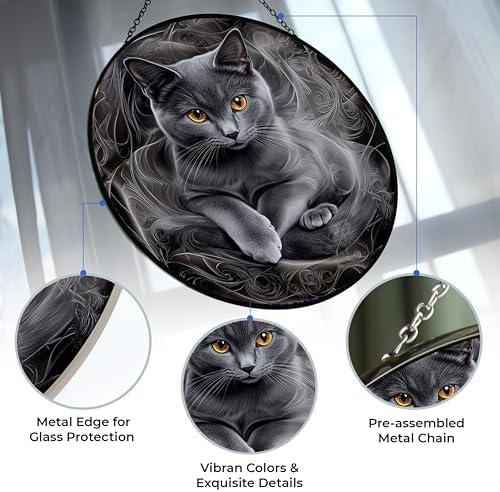 Easter Gray Cat Stained Glass Suncatcher Window Hanging, Gothic Christmas Ornaments for Fiction Lovers, Dinosaur Room Decor for Nursery New Home Gifts - Image 3