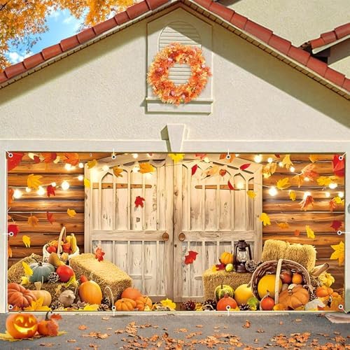 Fall Thanksgiving Garage Door Cover Banner 7x16ft Autumn Pumpkin Harvest Barn Backdrop Decorations Background Hanging Party Wall Decor for Outdoor Home Yard - Image 3