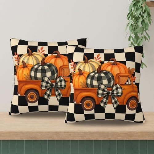 KiuLoam Vintage Fall Thanksgiving Pillow Covers 22x22 Set of 2, Orange Pumpkin Farm Truck Black Checkered Print Decorative Throw Pillow Cases for Living Room Sofa - Image 3