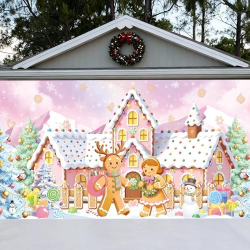Preboun Pastel Pink Christmas Gingerbread House Garage Door Decoration by Preboun