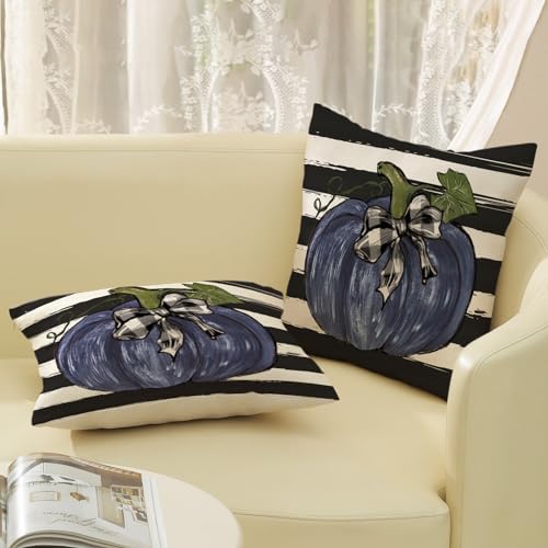 Fall Pillow Covers 18x18 Set of 2 Dark Blue Pumpkin Buffalo Plaid Fall Decor Pillowcase Autumn Thanksgiving Decorative Outdoor Throw Pillow Covers Linen Farmhouse Cushion Case for Couch Home - Image 4