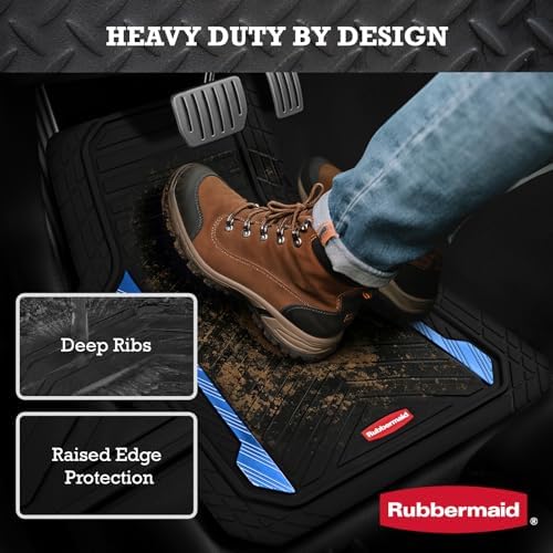 Rubbermaid Car Floor Mat, Heavy Duty All-Weather Car Mats Full Set with Dual-Tone Blue Aluminum Inserts – Universal Fit, Anti-Slip Backing, Trim-to-Fit for Most SUV, Sedan, Van