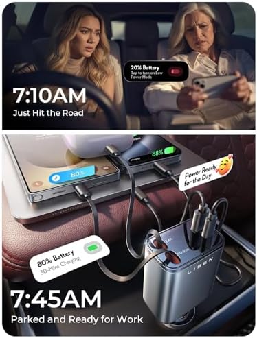 LISEN Retractable Car Charger, [2026 Upgrade 50 inch ] Long 4 in 1 Retractable Cable Car Charger, USB C Car Charger Fast Charging for iPhone 17 16 15 14 13 12 11 X Pro Max Plus Mini, Samsung S26