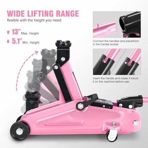 DNA Motoring Low Profile Hydraulic Trolley Service/Floor Jack, 2 Ton (4000 lbs) Capacity, Lifting Range 5.1"-13", Pink, TOOLS-00474-PK - Image 3