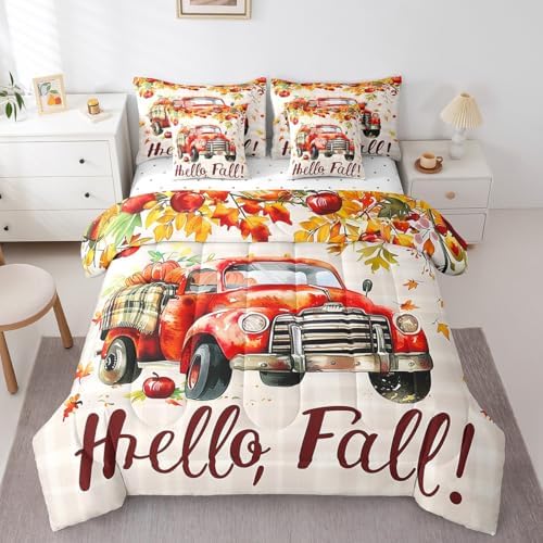 Erosebridal Pumpkin Truck Bed in A Bag with Sheets Thanksgiving Harvest Twin Comforter Set 7 Piece,Country Watercolor Maple Leaves Bedding Set for Kids Adults,Rustic Farmhouse Bed Set by Erosebridal