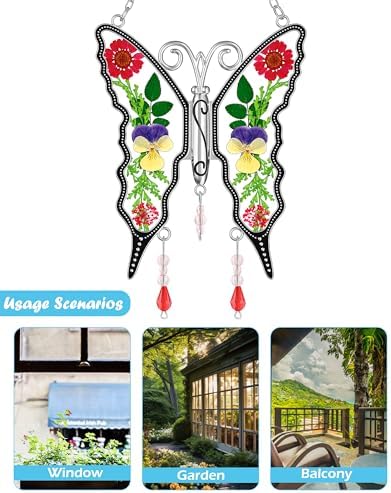 KY&BOSAM Butterfly Suncatchers Pressed Flowers Stained Glass Window Hanging - Image 5