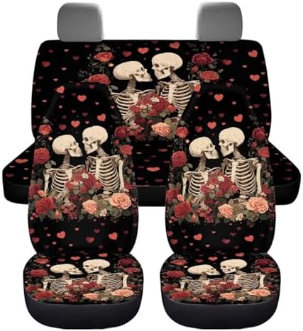 Skulls Heart Roses Print Car Seat Covers 4Pcs Front & Rear Breathable Seat Covers Universal Fits for Truck, Sedan, SUV Auto Interior Protector Car Accessories