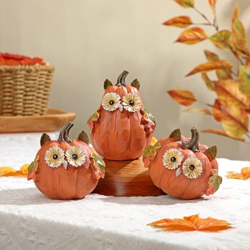 Fall Pumpkin Decor Small Fake Pumpkins Orange Resin Carved Pumpkin Owl Decorative Faux Pumpkin 3Pcs Artificial Pumpkins for Decorating Home Table Farmhouse Mantel Halloween Thanksgiving Centerpieces - Image 3