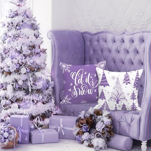 Lanpn Christmas Throw Pillow Covers 18x18 4 pcs, Merry Christmas Xmas Winter Snowflake Decorative Holiday Cushion Pillow Cases 18 x 18 Indoor Farmhouse Home Room Couch Sofa Decor (Purple) - Image 2