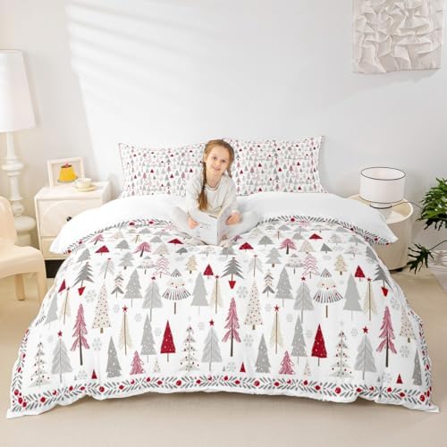 Merry Christmas Kids Duvet Cover Set Queen Size,Cartoon Pine Trees Rustic Farmhouse Bedding Set,Girls Boys Adults Room Decor,Snowflake Xmas Comforter Cover,Red Romantic Quilt Cover,2 Pillowcases by Manfei