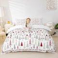 Merry Christmas Kids Duvet Cover Set Queen Size,Cartoon Pine Trees Rustic Farmhouse Bedding Set,Girls Boys Adults Room Decor,Snowflake Xmas Comforter Cover,Red Romantic Quilt Cover,2 Pillowcases by Manfei