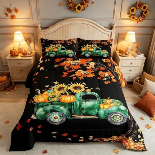 Homewish Fall Pumpkin Truck Car Comforter Set King Size Maple Leaves Tree Bedding Autumn Harvest Rustic Farm Quilt for Kids Girls Boys Room Decor Boho Botanical Duvet,Black 3Pcs,CYJS11386ZMD-BZ_USk by Homewish