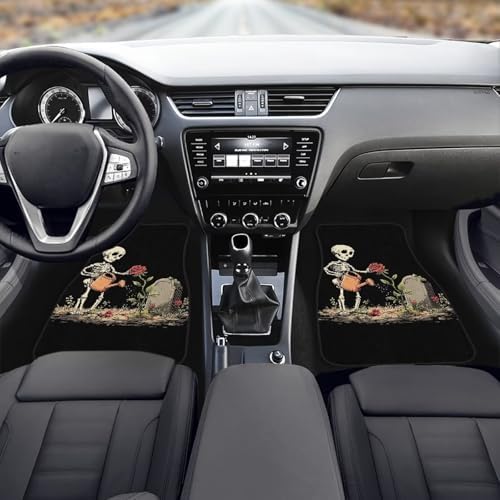 Skeleton Carpet Vehicle Floor Mats Retro Halloween Skeleton All Weather 4 Piece Fit Floor Mat Gothic Tombstone Rose Flower Interior Accessories Anti Slip Mats for Row