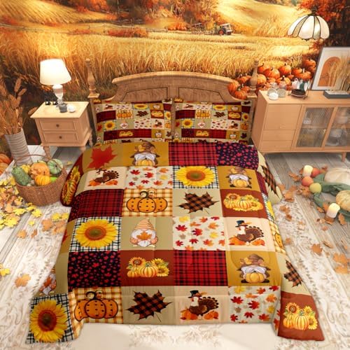 Homewish Vintage Fall Yellow Red Plaid Comforter Set Full Size Pumpkin Maple Leaf Sunflower Bedding Set Kids Girls Rustic Farm Plants Quilt Set Teens Women Thanksgiving Turkey Gnome Duvet Insert 3Pcs by Homewish