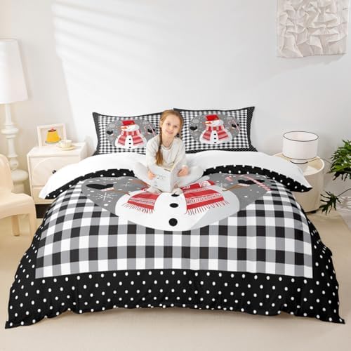 Cute Snowman Kids Duvet Cover Set King Size,Merry Christmas Snowflake Xmas Bedding Set,Girls Boys Adults Room Decor,Geometric Grids Dots Fashion Comforter Cover,Black White Quilt Cover,2 Pillowcases by Manfei