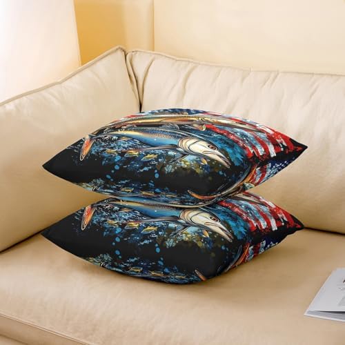 Manfei Fishing 2 Pack Pillow Covers,Lodge Bass Fish Rustic Lake Animal Reversible Print Cushion Covers,Red Blue American Flag Hippie Graffiti Couch 20"x 20" Pillow Covers for Sofa Bed - Image 3