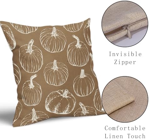 Brown Fall Pumpkin Pillow Covers 18x18 Set of 2 Autumn Themed Thanksgiving Cream Print Decorative Throw Pillows Outdoor Pillowcase Farmhouse Linen Cushion Case Decor for Home Sofa Couch Bed - Image 4
