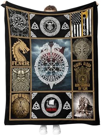 Viking Throw Blanket for Boys Men, Viking Gifts for Adults, Vegvisir Yggdrasil Theme Print Decor for Home Bedroom Living Room Couch Sofa 50"x60" by Hohoto