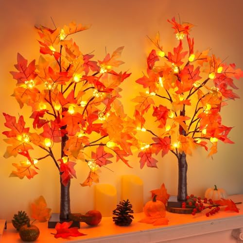 Fall Decor 2 Pack 24 Inch Lighted Maple Tree with 48 LED & Timer, Battery Operated Artificial Autumn Tabletop Tree with Acorns Maple Indoor Fall Decorations for Home, Thanksgiving Table Decor - Image 5