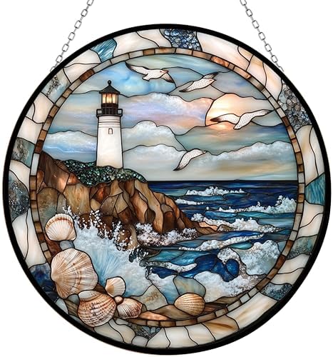 Stained Glass Window Hanging, Coastal Lighthouse Suncatcher Diamond Glass Panel Landscape Sun Catchers Decor for Birthday for Women, Men, Wife, Aunt, and Mom 7.8 in by 365CUSGIFTS