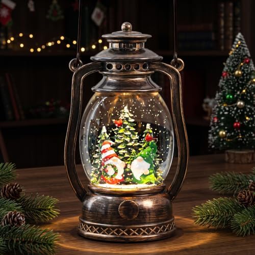 Christmas Snow Globe Lantern with LED Lighted Water Glitter, Hanging Kerosene Style Santa Tree Scene, Vintage Bronze Tabletop Holiday Decoration Gifts by Qualdout
