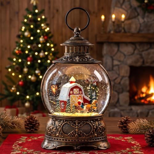 Christmas Snow Globes Christmas Water Lantern with Carriage Red barn Farm Scene Music & 6H Timer USB Lined/Battery Operated Lighted Lanterns for Xmas Festival Decoration by ZQQLITE