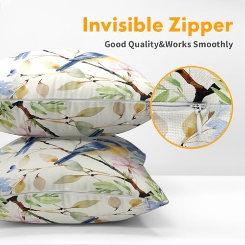 Spring Pillow Covers 20x20 Set of 2 Floral Throw Pillow Covers Rustic Blue Bird Pillowcase Linen Decoration Farmhouse Soft Decorative Summer Cushion Case Couch for Indoor Outdoor Home Decor - Image 5