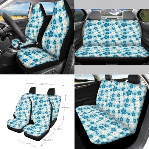 White Blue Cherry Blossom Pattern Car Seat Covers 15Pcs Full Set Car Steering Wheel Cover Seat Belt Cover Trash Bin Air Vent Storage Box Rear View Mirror Car Cup Holder Keychain