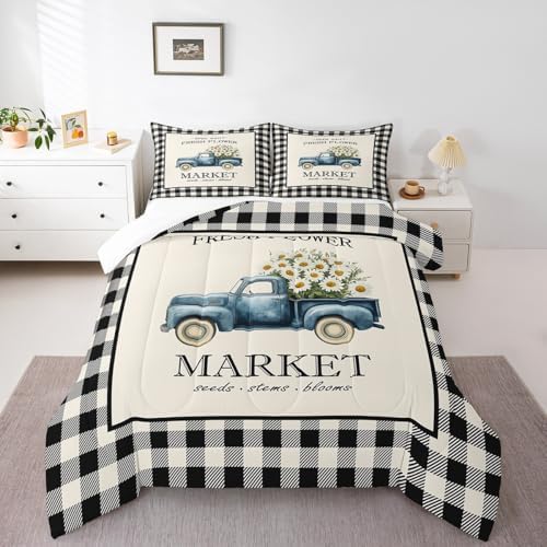 Homewish Daisy Flowers Truck Comforter Set Queen Size Black White Geometric Grid Bedding Set for Kids Girls Teens Boys Room Decor Spring Garden Plants Quilt Set Rustic Farmhouse Duvet Insert 3pcs - Image 6