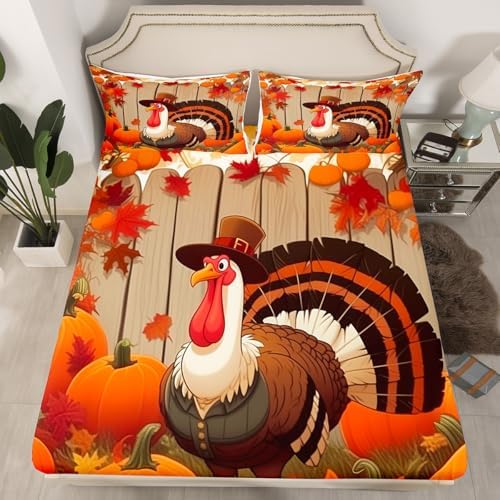 Feelyou Turkey Bed Sheets Set Twin Size Thanksgiving Harvest Season Fruit Decor Sheet Set for Kids Boys Girls Decor Fall Pumpkin Sheets with Deep Pocket Fitted Sheet Crocus - Image 2