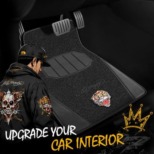 ED HARDY Tiger Print Car Floor Mats, Carpet Floor Mats with Black Leather Design, Automotive Car Mats with Built-in Heel Pad & Anti-Slip Backing, Fits Most Cars, SUVs & Trucks, Durable & Odorless