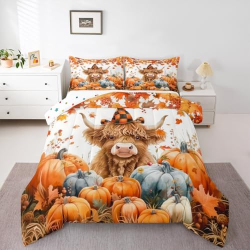 Feelyou Fall Bedding Set for Girls Boys Kids King Size Maple Leaves Pumpkin Comforter Cover Room Decor Highland Cow Duvet Cover Orange White Quilt Set - Image 4