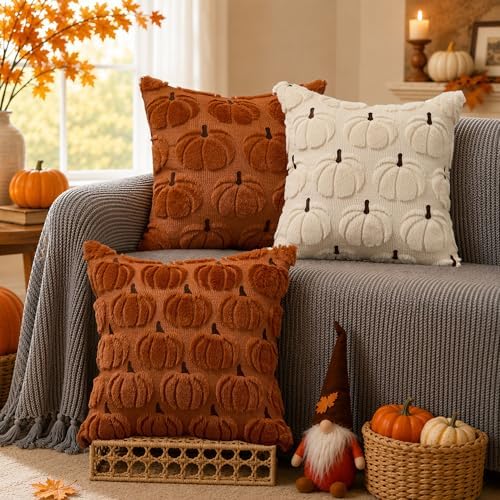 DFXSZ Fall Pillow Covers 18x18 2Pcs Beige Brown Pumpkin Fall Decorations - Image 4