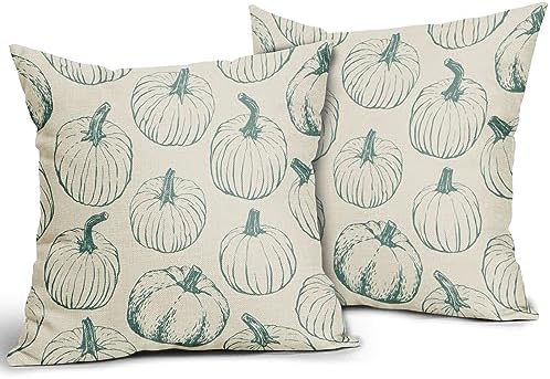 Fall Pillow Covers 18x18 Set of 2 Light Blue Pumpkin Autumn Themed Thanksgiving Harvest Print Decorative Throw Pillows Outdoor Pillowcase Linen Cushion Case Decor for Sofa Couch Bed - Image 2