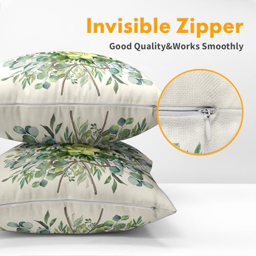 Spring Pillow Covers 22x22 Set of 2 Green Floral Throw Pillow Covers Rustic Pillowcase Linen Decoration Farmhouse Soft Decorative Summer Cushion Case Couch for Indoor Outdoor Home Decor - Image 5