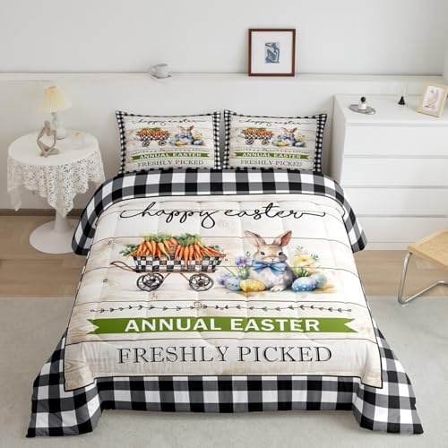 Homewish Easter Rabbit Comforter Set Twin Size,Watercolor Carrot Eggs Flower Bedding Set for Kids Girls Boys Adult Room Decor,Rustic Farmhouse Quilt Set Black White Plaid Duvet Insert,1 Pillowcase by Homewish