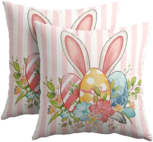 Easter Pillow Covers 20x20 Set of 2 Spring Throw Pillow Covers Rustic Bunny Ear Pink Pillowcase Linen Decoration Farmhouse Soft Decorative Eggs Stripe Cushion Case Couch for Indoor Outdoor Home Decor by Trongr