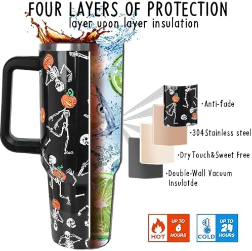 Halloween Tumbler 40oz Skull Tumbler Ghost Spooky Leak Proof Cups with Handle and Straw Insulated Water Bottle Skeleton Coffee Travel Mugs for Halloween Decor Gifts for Women Men (1PCS) - Image 6