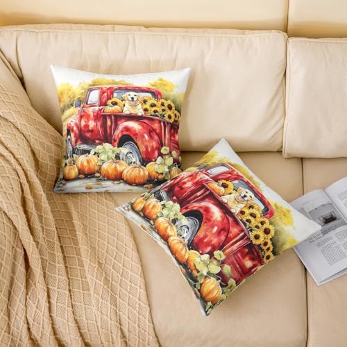 Manfei Autumn Truck Reversible Print Pillow Covers 2 Pack,Fall Harvest Thanksgiving Day Rustic Decorative Cushion Covers 16"x16",Lovely Puppy Dog Sunflower Pumpkin Pillow Covers,2 Pack - Image 2